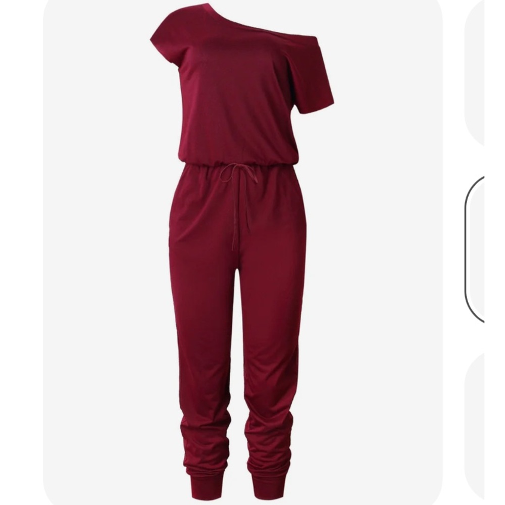1023. Elegant Slant Off-Shoulder Maroon Jumpsuit - Picture 3 of 4